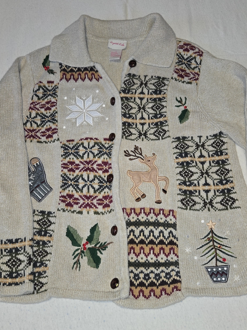 Vtg Crystal Kobe Christmas Cardigan Women L‎  Tortoise Buttons, Reindeer & Holly